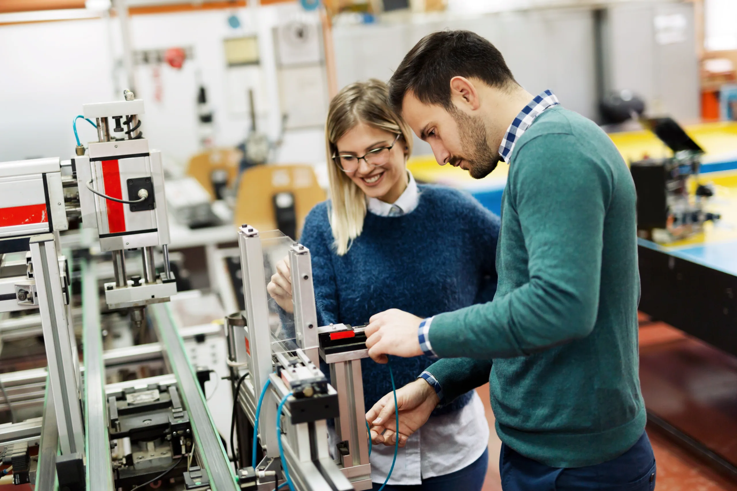 Werken in de techniek Een jonge man en een jonge vrouw werken aan een machine.